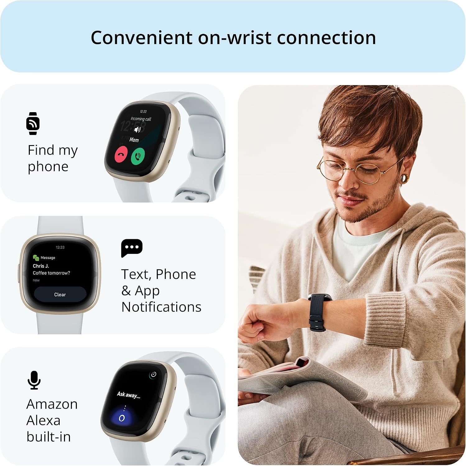 Fitbit Sense 2 Advanced Health and Fitness Smartwatch with Tools to Manage Stress and Sleep, ECG App, SpO2, 24/7 Heart Rate and GPS, Blue Mist/Pale Gold, One Size (S & L Bands Included)