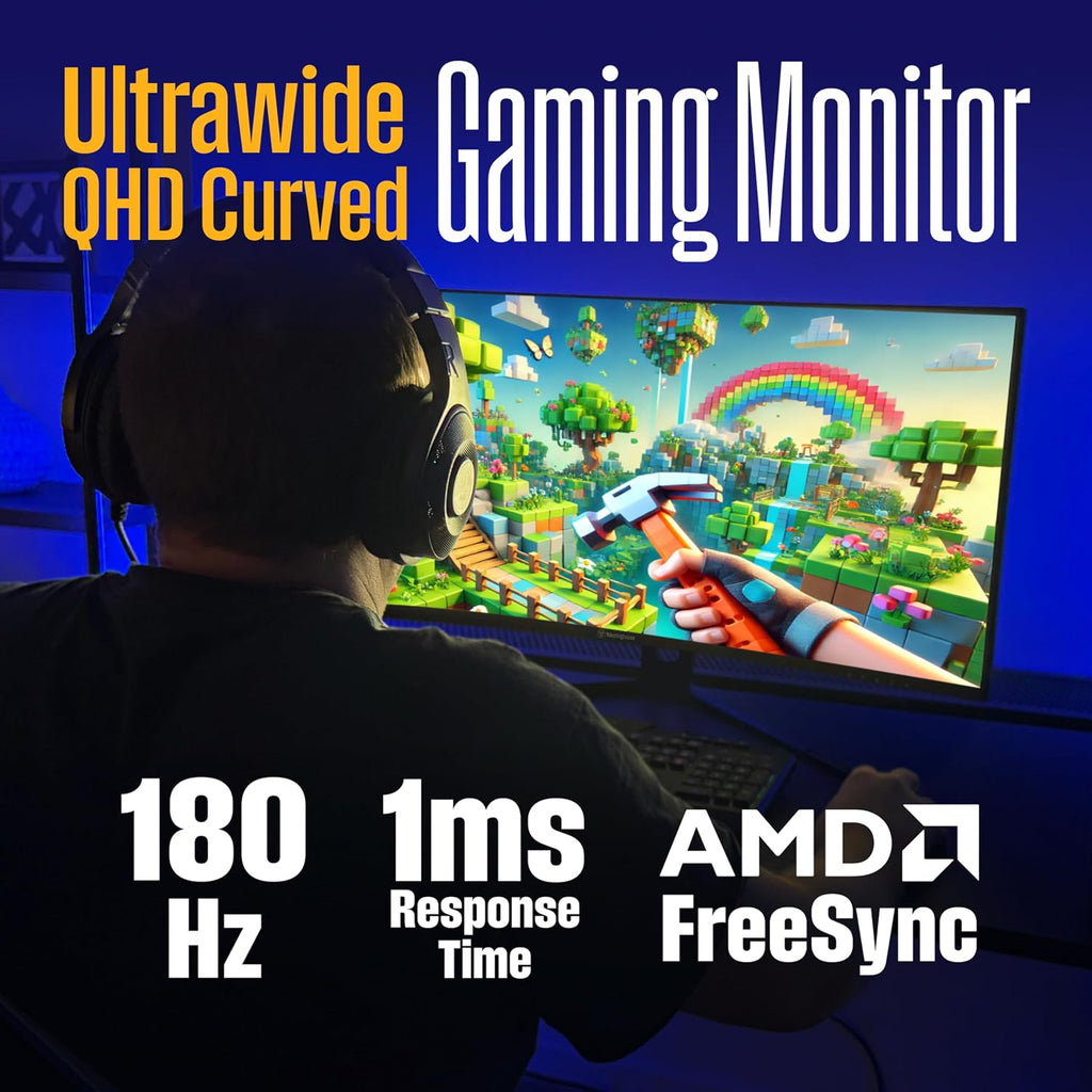 Westinghouse 34 Inch Curved Gaming Monitor, 2K Ultra-WQHD(3440x1440P), 180Hz, 1ms, AMD FreeSync Premium, 3000:1 Contrast Ratio, 122% sRGB, 1500R, Eyecare, Built-in Speakers, DisplayPortx2, HDMIx2