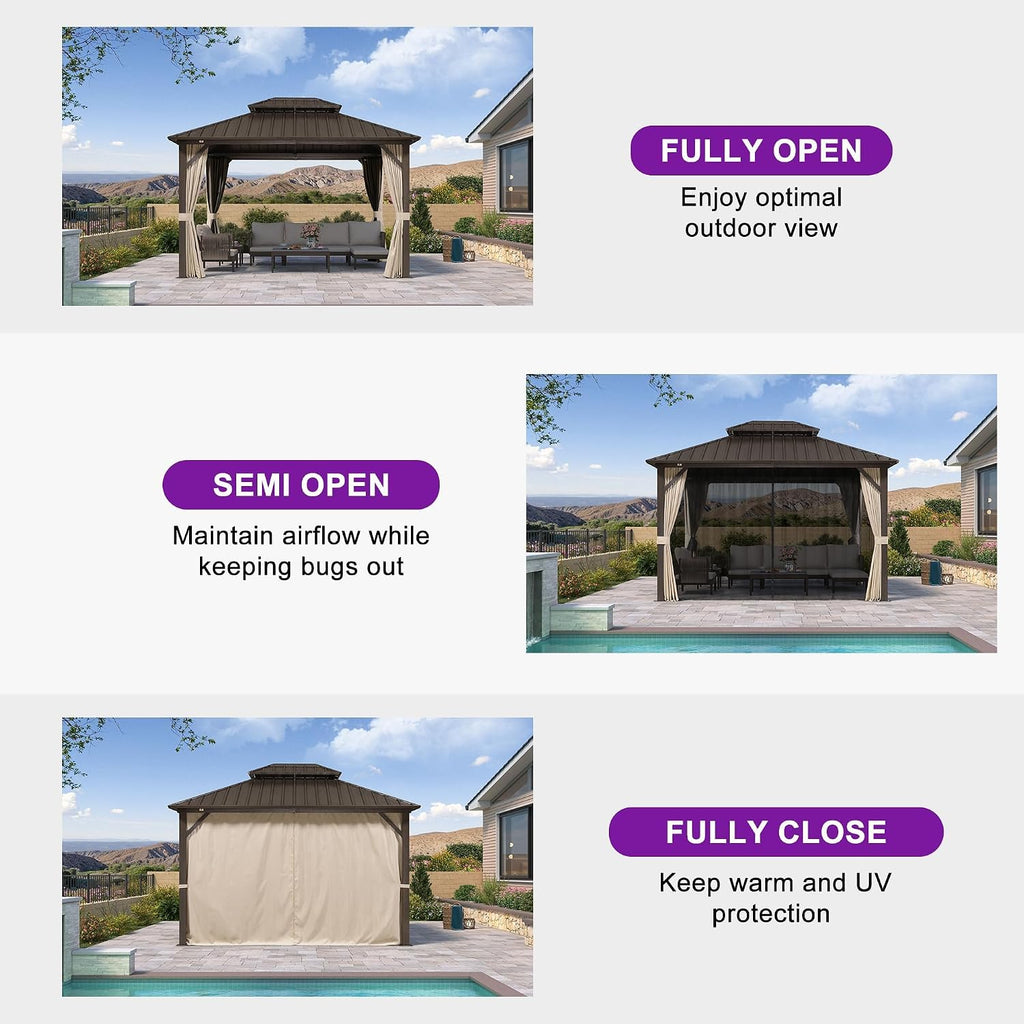 PURPLE LEAF 8' X 12' Outdoor Hardtop Gazebo Metal Frame Galvanized Steel Double Roof with Curtains and Nettings for Patio Desk Backyard Bronze
