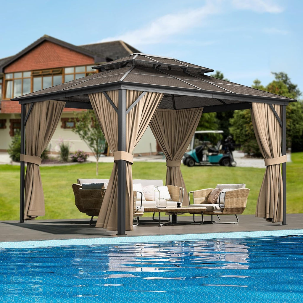 10X13FT Outdoor Hardtop Gazebo with Aluminum Frame, Heavy-Duty Double Roof Polycarbonate Gazebo Including Mesh Netting and Sunshade Curtains, for Patios, Terraces, Lawns, Decks, Brown + Khaki
