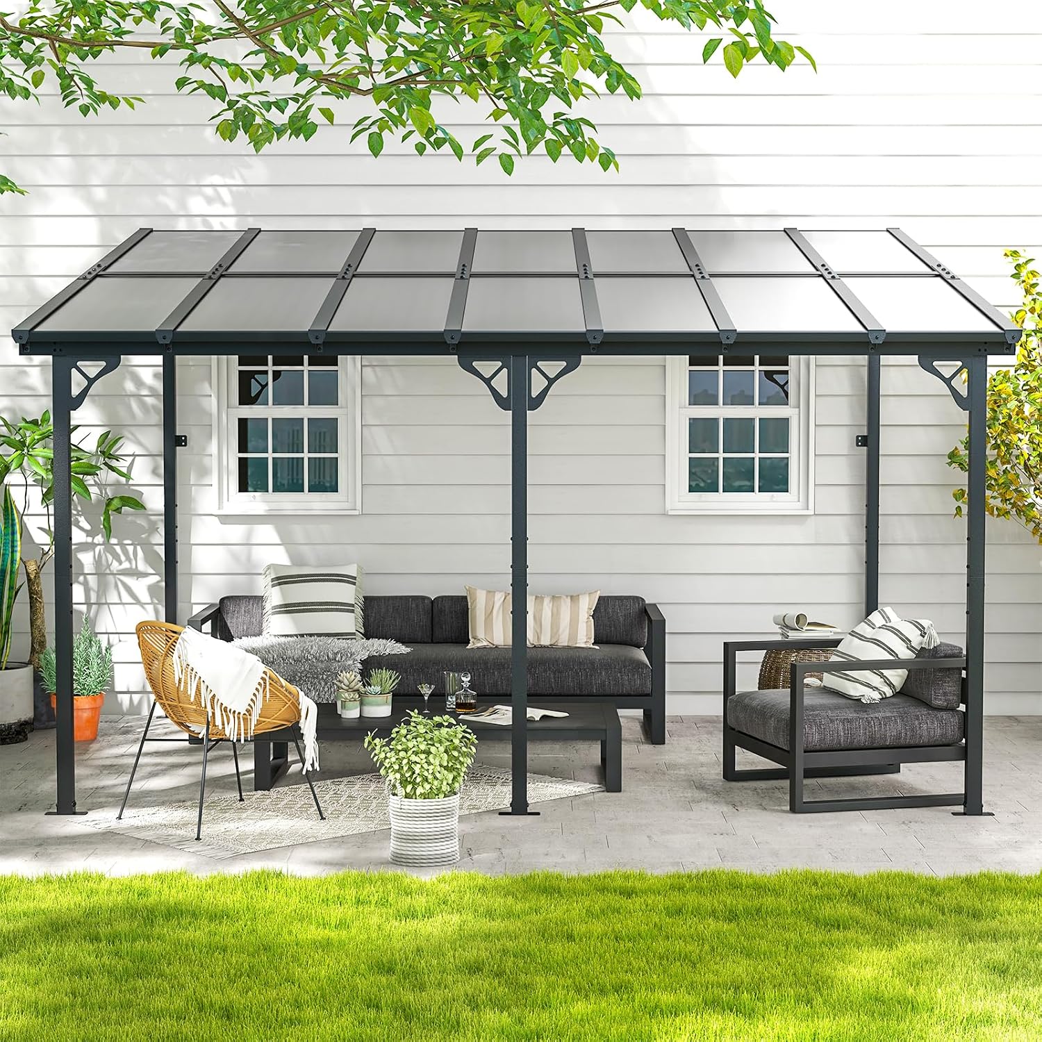 10' x 14' Gazebo for Patio, Gazebo Pergola with Sloped Roof, Large Wall-Mounted Heavy Duty Awnings, for Backyard, Patio, Deck and More