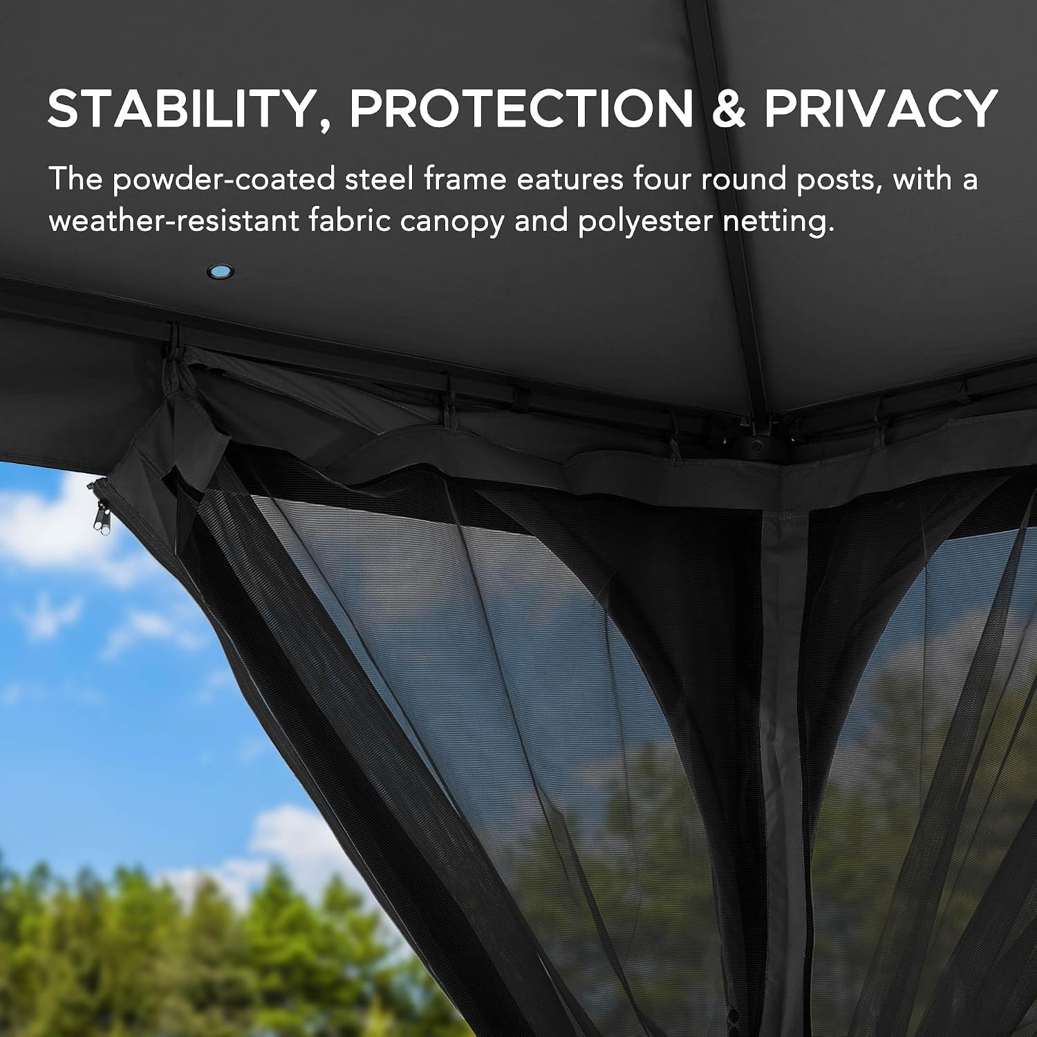 Sunjoy 9 ft. x 9 ft. Gazebo with 2-Tier Canopy Roof, Steel Frame Soft top Gazebo with Ceiling Hook and Mosquito Netting, Grey and Black