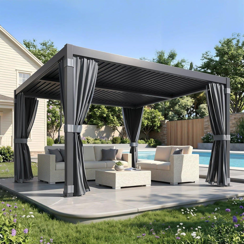 MELLCOM Louvered Pergola 10x10, Steel Aluminum Pergola with Adjustable Louvered Roofs, Outdoor Gazebo with Waterproof Curtains and Nets, Black