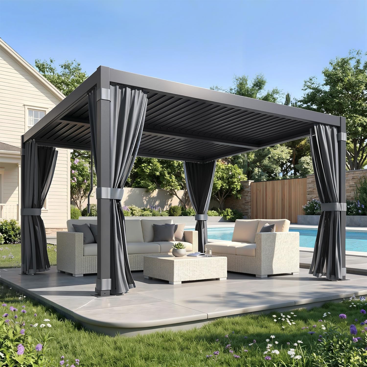 MELLCOM Louvered Pergola 10x10, Steel Aluminum Pergola with Adjustable Louvered Roofs, Outdoor Gazebo with Waterproof Curtains and Nets, Black