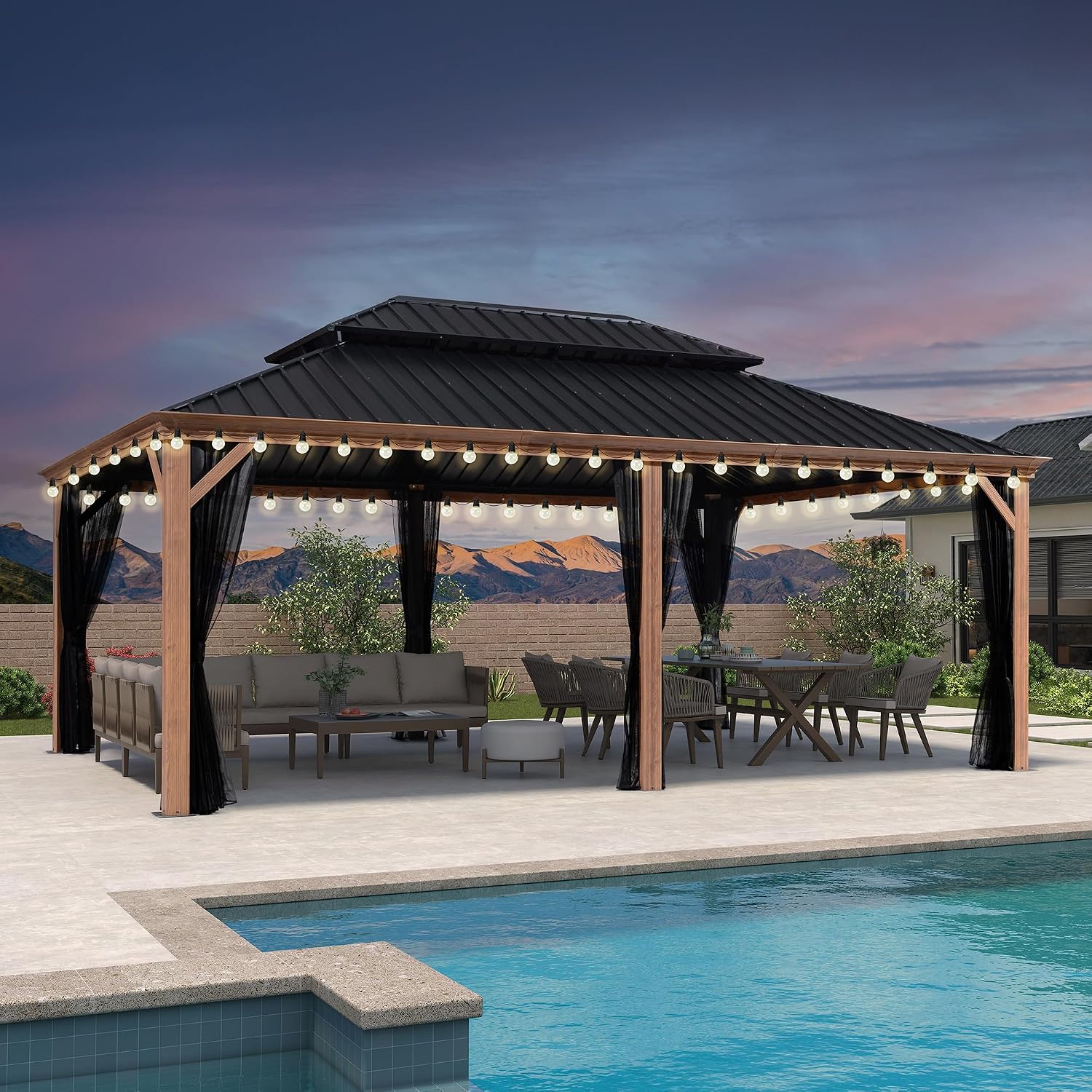 PURPLE LEAF 14' X 20' Outdoor Hardtop Gazebo for Patio Galvanized Steel Double Roof Permanent Canopy Teak Finish Coated Aluminum Frame Pavilion Gazebo with Netting and Lights