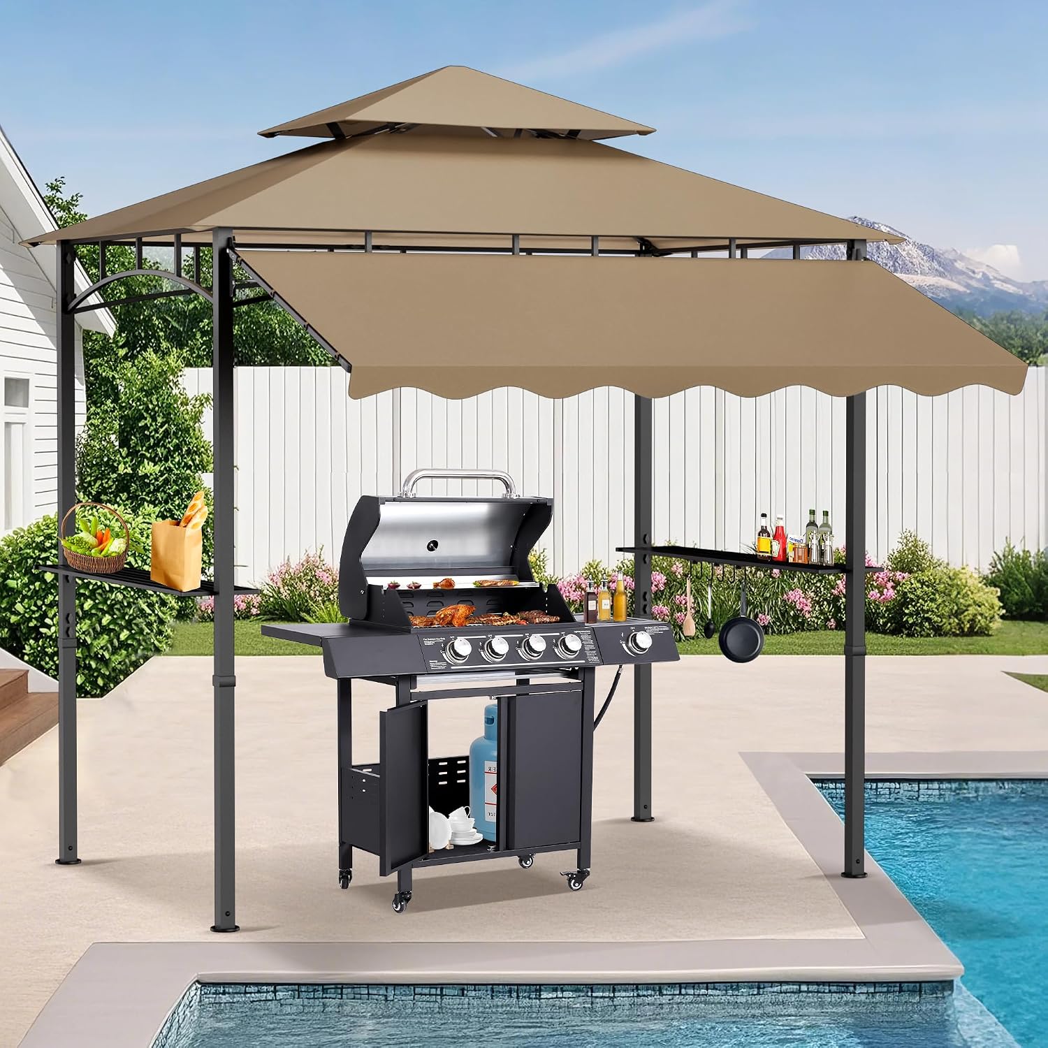 MAGIC UNION 8x8 FT Grill Gazebo with Side Awning, 2-Tier Barbecue Canopy Shelter with 2 Shelves, 7 Hanging Hooks, Bottle Opener, Outdoor Grilling Awnings Tent for Backyard Garden Poolside (Khaki)