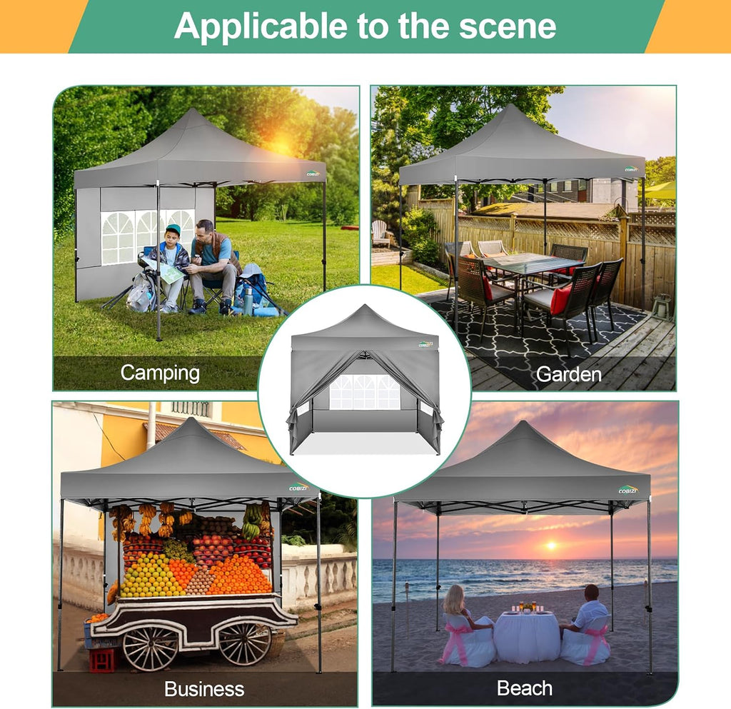 COBIZI 10x10 Pop Up Canopy with Sidewalls Heavy Duty Party Tent with Removable Awning Easy Up Outdoor Canopy Wedding, All Season Windproof&Waterproof with Roller Bag UPF 50+, Gray