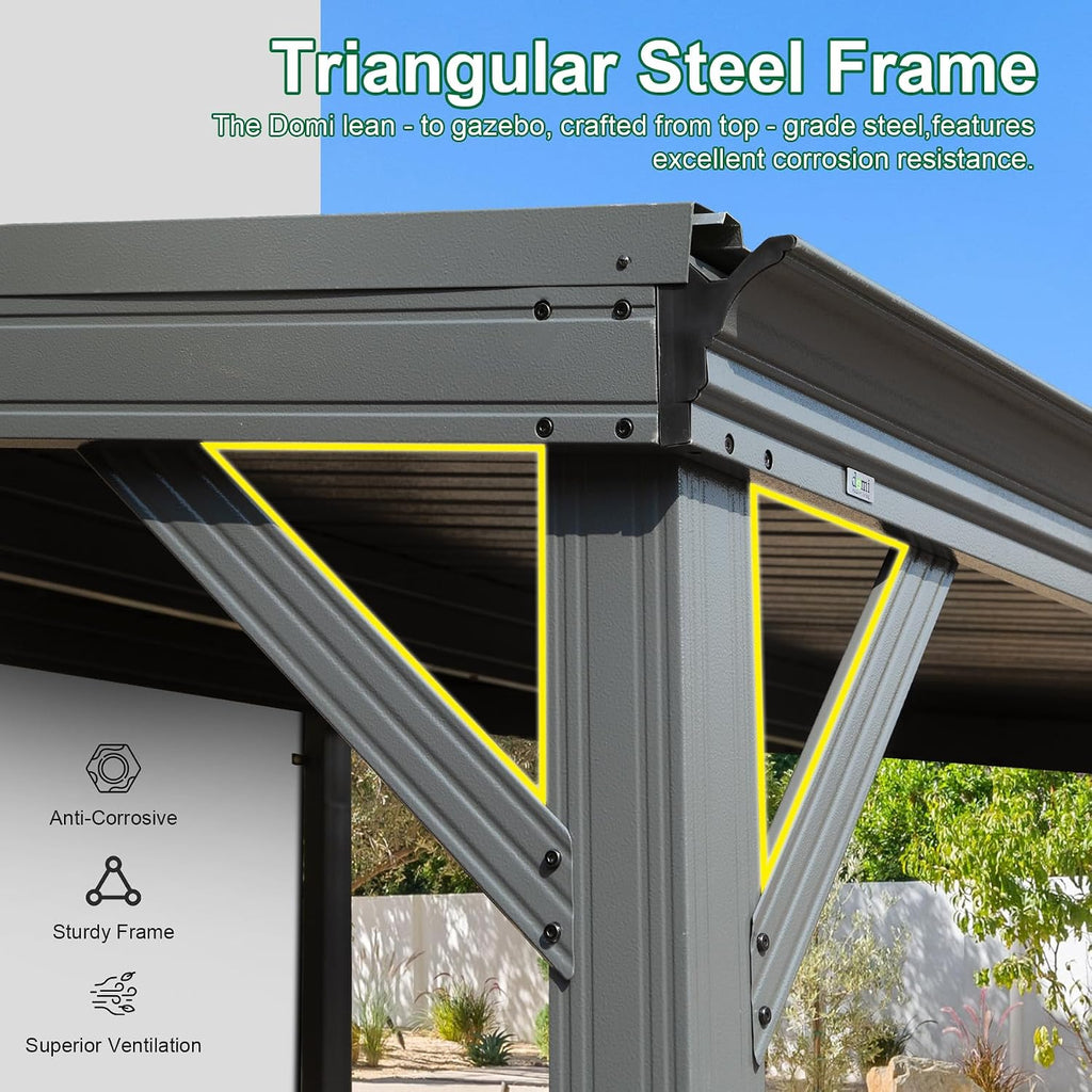 Domi 8'x8' Lean-to Gazebo, Hardtop Wall-Mounted Gazebo Pergola with Sloping Galvanized Steel Roof and Upgraded Drainage System, Outdoor Permanent Metal Shelters for Patio Backyard Deck, Grey