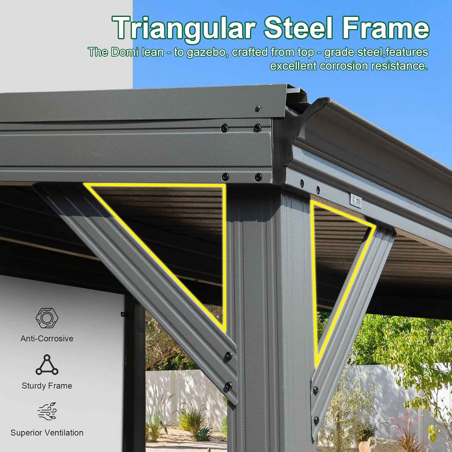Domi 8'x8' Lean-to Gazebo, Hardtop Wall-Mounted Gazebo Pergola with Sloping Galvanized Steel Roof and Upgraded Drainage System, Outdoor Permanent Metal Shelters for Patio Backyard Deck, Grey