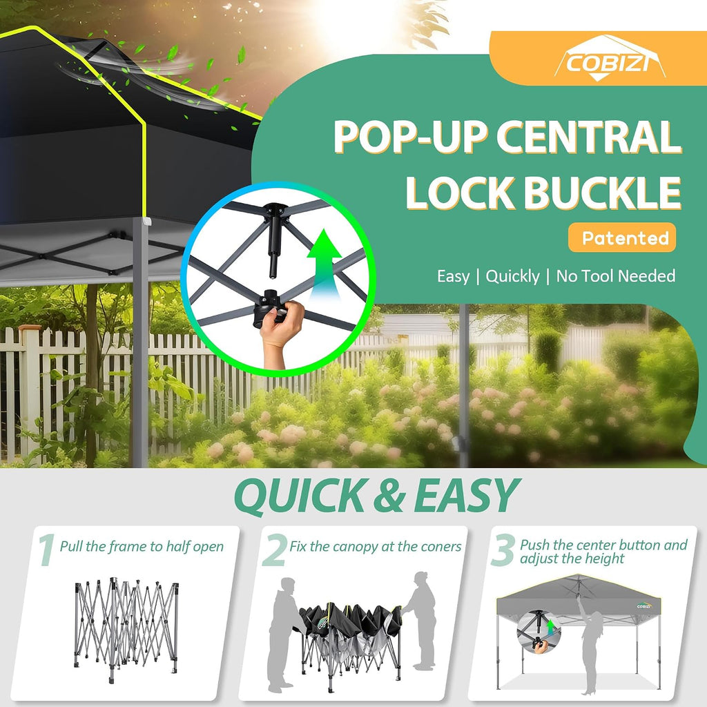 COBIZI Canopy 10x10 Pop Up Canopy Tent 1-Button Push Easy up Outdoor Canopy Instant Portable Commercial Shelter Waterproof UPF50+ Gazebo with Reflective Strip, Air Vent & 4 Sandbags,Black