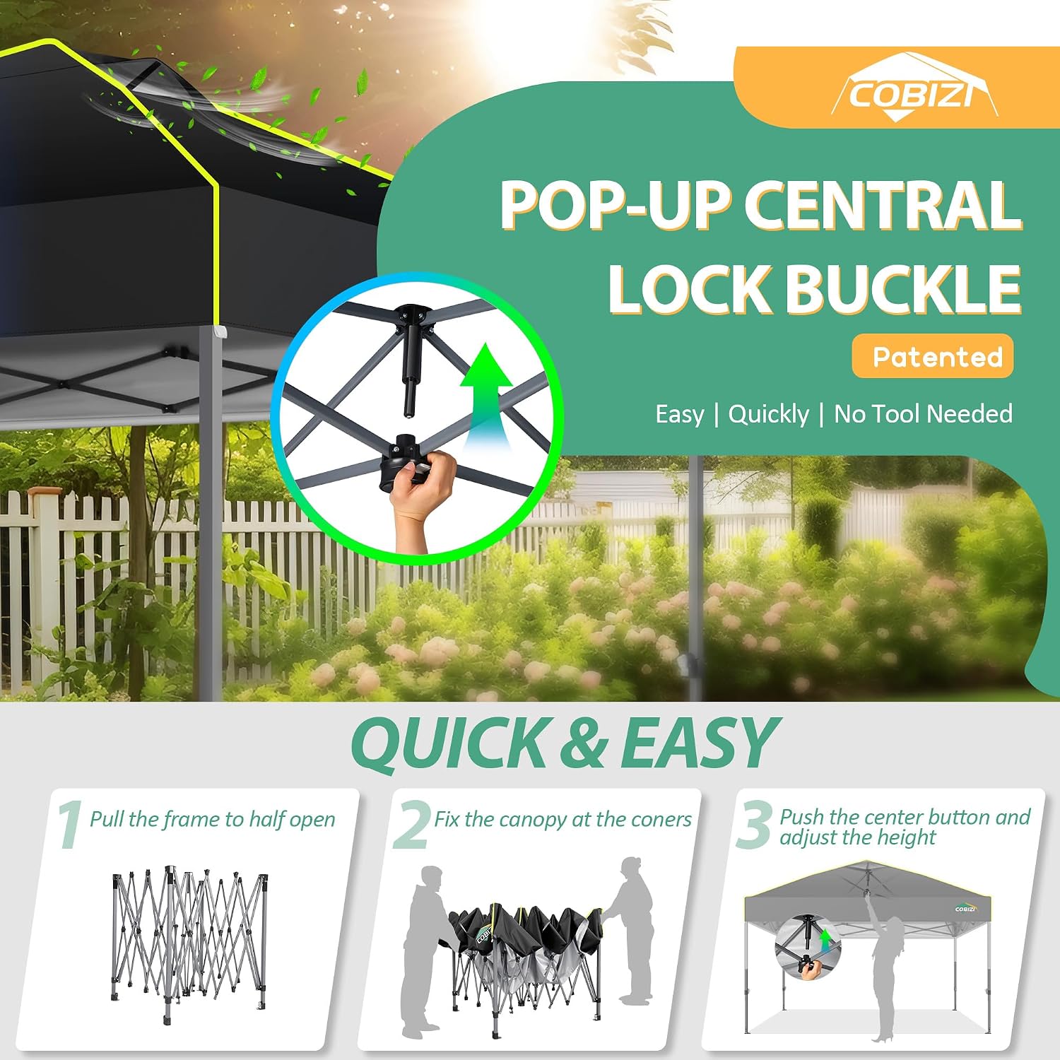 COBIZI Canopy 10x10 Pop Up Canopy Tent 1-Button Push Easy up Outdoor Canopy Instant Portable Commercial Shelter Waterproof UPF50+ Gazebo with Reflective Strip, Air Vent & 4 Sandbags,Black