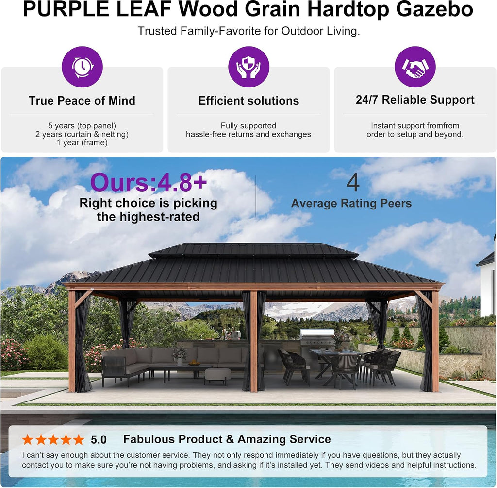 PURPLE LEAF 14' X 24' Outdoor Hardtop Gazebo for Patio Galvanized Steel Double Roof Permanent Canopy Teak Finish Coated Aluminum Frame Pavilion Gazebo with Netting and Khaki Curtains