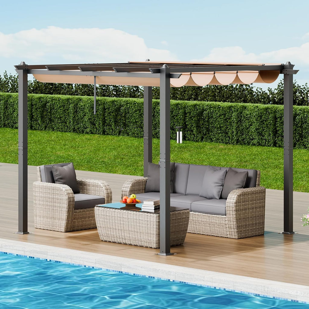 VEVOR 10'x10' Outdoor Retractable Pergola with Canopy, Aluminum Pergola with Retractable Canopy, Modern Style, Sun Shade for Patios, Gardens, Decks, Backyards (Beige)