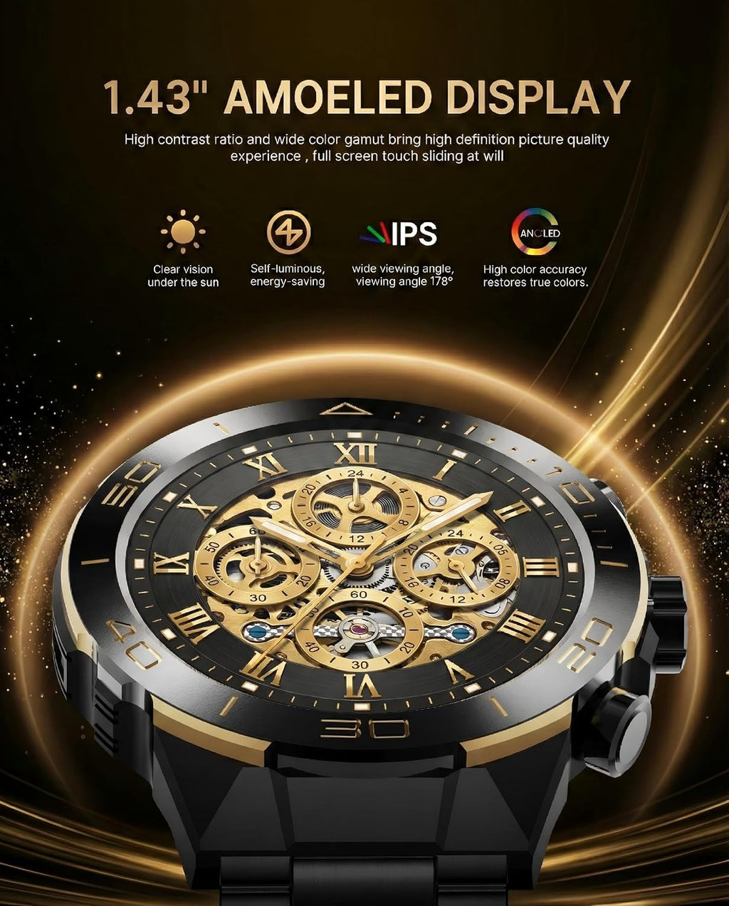 SOUYIE Men's Smart Watch with Bluetooth Call, 1.43' AMOLED Round Dial, Luxury Stainless Steel & Silicone Bands, Business Sport Fitness Tracker, Heart Rate/Blood Pressure/Sleep Monitor for iOS Android
