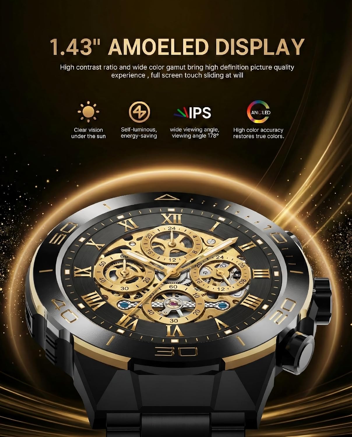 SOUYIE Men's Smart Watch with Bluetooth Call, 1.43' AMOLED Round Dial, Luxury Stainless Steel & Silicone Bands, Business Sport Fitness Tracker, Heart Rate/Blood Pressure/Sleep Monitor for iOS Android