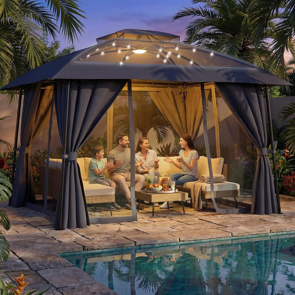 Outdoor Patio Gazebo 10x12 with Solar Powered LED Light, Heavy Duty Metal Frame Canopy Tent Shelter with Double Roof Design, Patio Gazebo with Mosquito Nettings and Privacy Screens for Patio