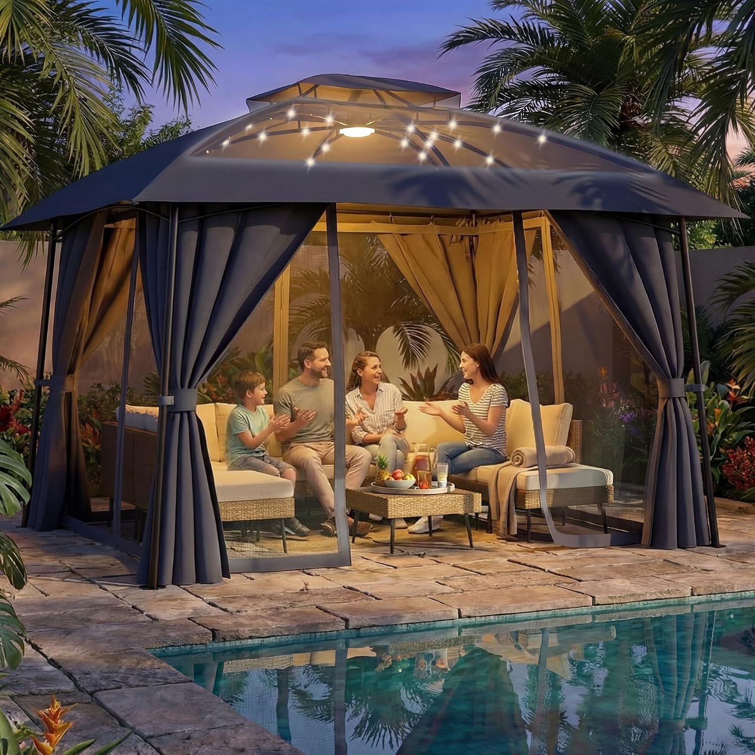 Outdoor Patio Gazebo 10x12 with Solar Powered LED Light, Heavy Duty Metal Frame Canopy Tent Shelter with Double Roof Design, Patio Gazebo with Mosquito Nettings and Privacy Screens for Patio