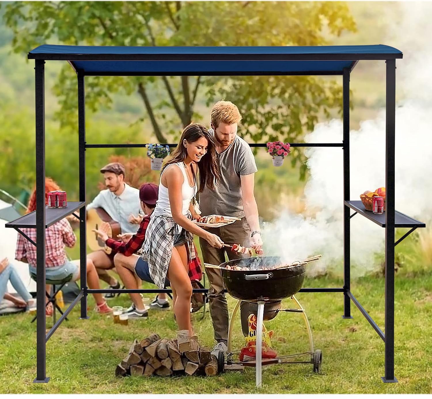 COBANA Grill Gazebo 8'by 4.6' Outdoor Patio BBQ Canopy with Single-Tier Soft Top and Metal Shelves, Blue