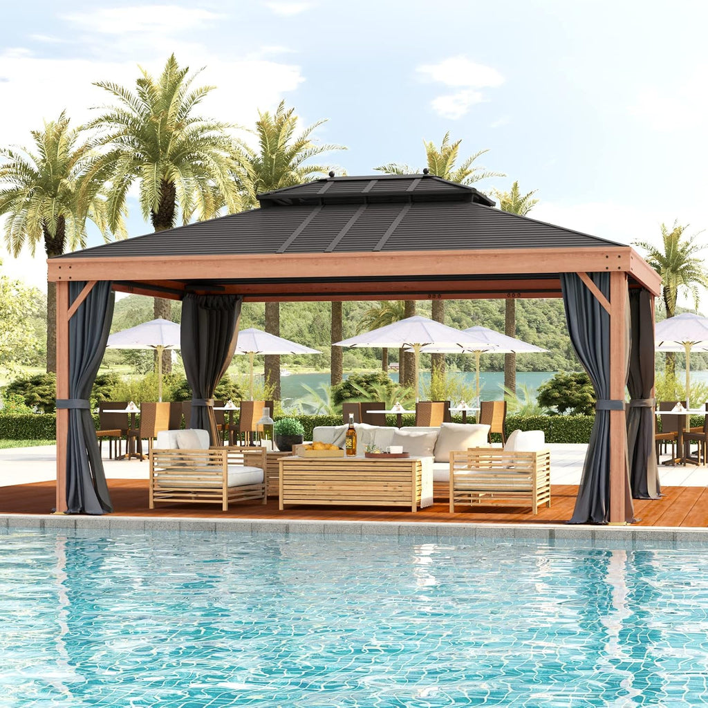 YOLENY 12' x 16' Hardtop Gazebo Faux Wood Grain with Aluminum Frame, Galvanized Steel Double Roof, Outdoor Patio Gazebo with Netting and Curtains for Backyard, Patio and Lawns