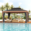 YOLENY 12' x 16' Hardtop Gazebo Faux Wood Grain with Aluminum Frame, Galvanized Steel Double Roof, Outdoor Patio Gazebo with Netting and Curtains for Backyard, Patio and Lawns