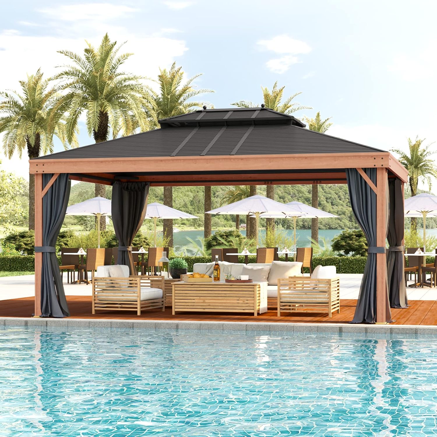 YOLENY 12' x 16' Hardtop Gazebo Faux Wood Grain with Aluminum Frame, Galvanized Steel Double Roof, Outdoor Patio Gazebo with Netting and Curtains for Backyard, Patio and Lawns