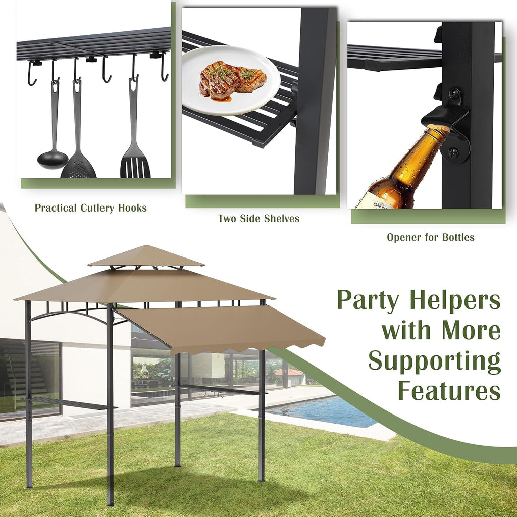 MAGIC UNION 8x8 FT Grill Gazebo with Side Awning, 2-Tier Barbecue Canopy Shelter with 2 Shelves, 7 Hanging Hooks, Bottle Opener, Outdoor Grilling Awnings Tent for Backyard Garden Poolside (Khaki)