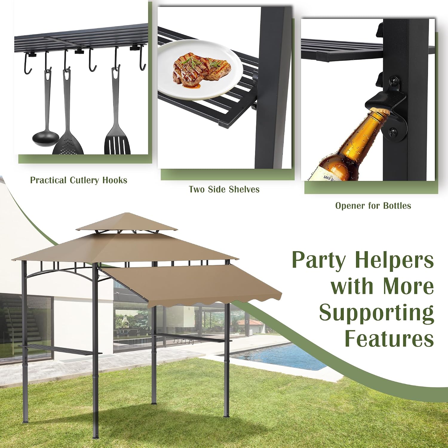 MAGIC UNION 8x8 FT Grill Gazebo with Side Awning, 2-Tier Barbecue Canopy Shelter with 2 Shelves, 7 Hanging Hooks, Bottle Opener, Outdoor Grilling Awnings Tent for Backyard Garden Poolside (Khaki)