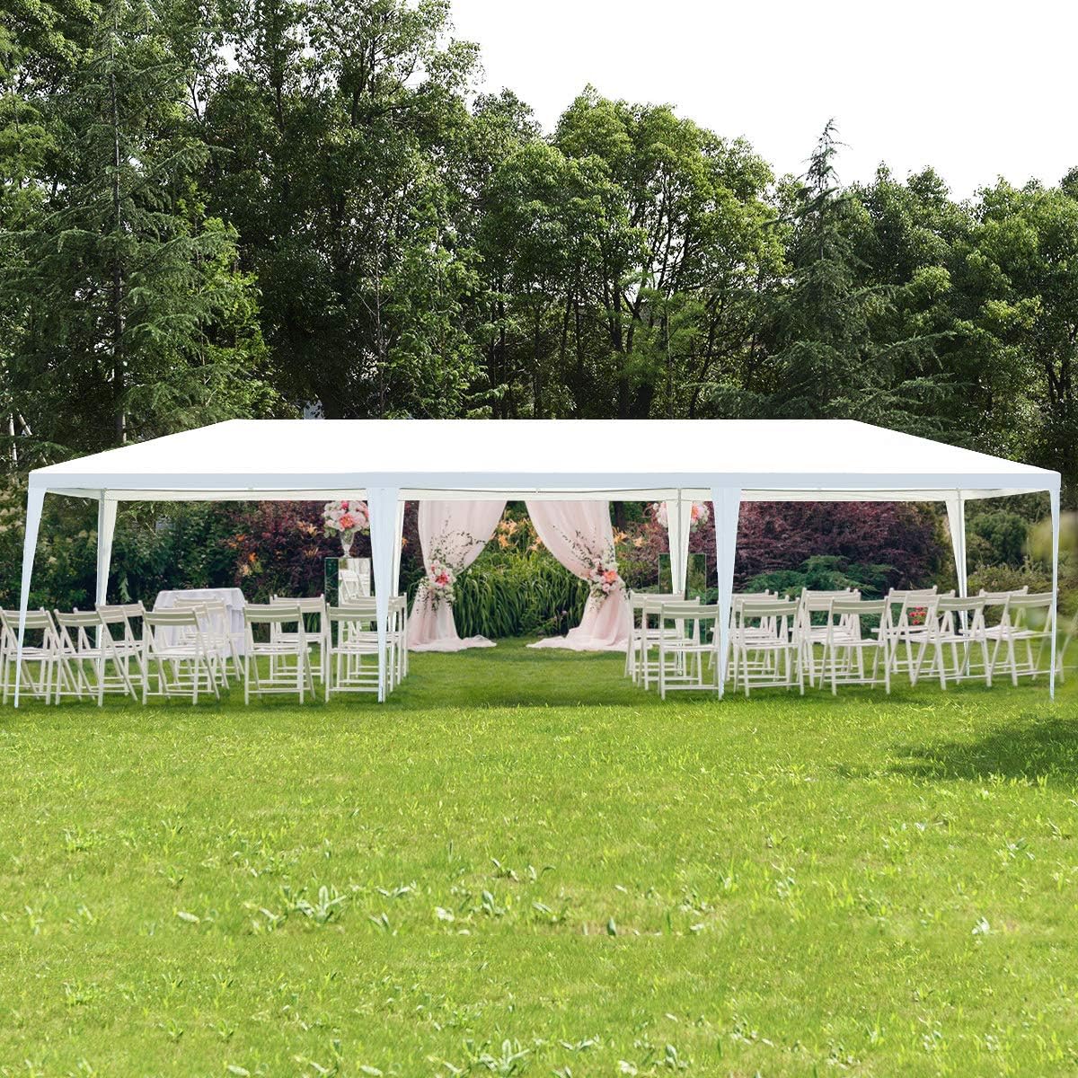 Tangkula 10'x30' Outdoor Canopy Tent Heavy Duty Party Wedding Event Tent Sturdy Steel Frame with 5 Removable Sidewalls Waterproof Sun Snow Rain Shelter Gazebo Canopy Tent, White