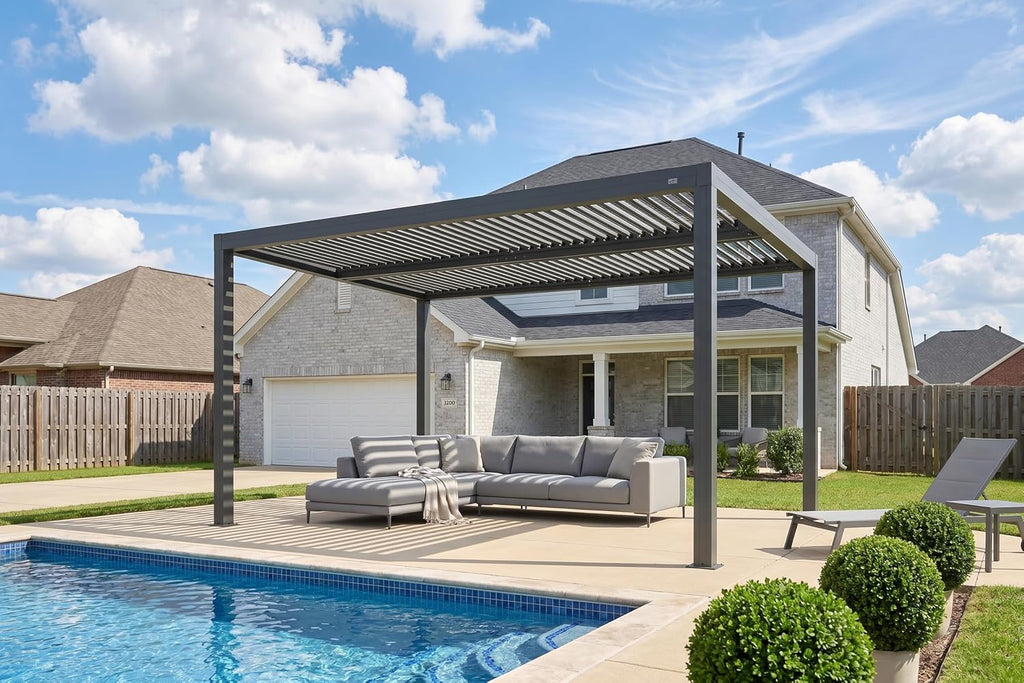 PURPLE LEAF Louvered Pergola 10' x 15' Outdoor Full Aluminum Pergola with Adjustable Rainproof Roof Modern Retractable Patio Hardtop Gazebo for Deck Backyard Garden Slate Grey
