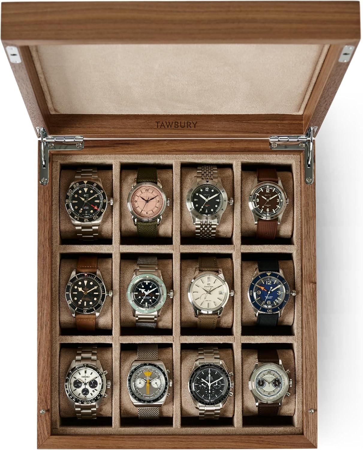 TAWBURY Wooden Watch Case - 12 Slot Wood Watch Box for Men & Women with Protective Fully Lined Interior and 2-inch Wide Pillows for Small & Large Watches (Classic Walnut)