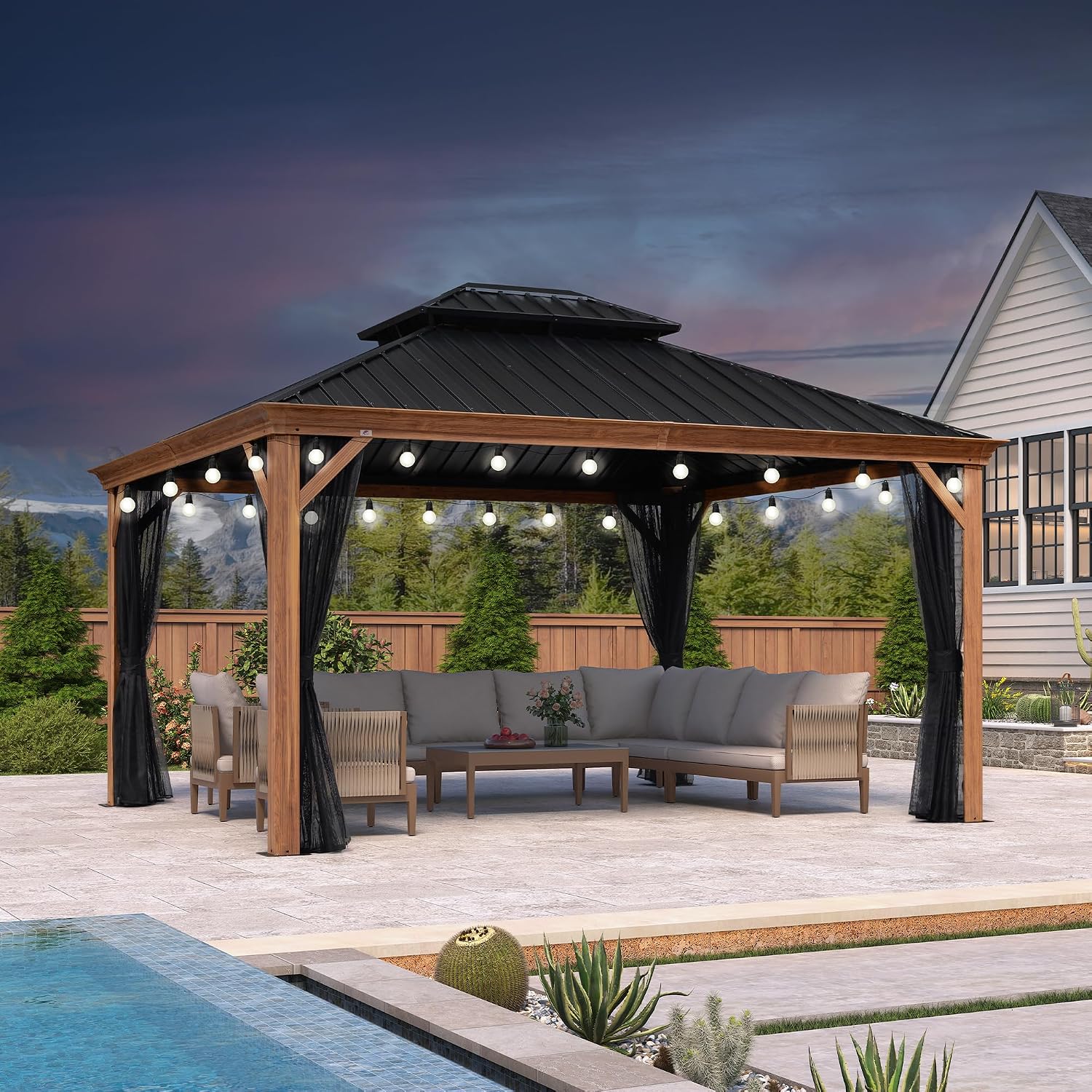 PURPLE LEAF 12' X 14' Outdoor Hardtop Gazebo for Patio Galvanized Steel Double Roof Permanent Canopy Teak Finish Coated Aluminum Frame Pavilion Gazebo with Netting and Lights