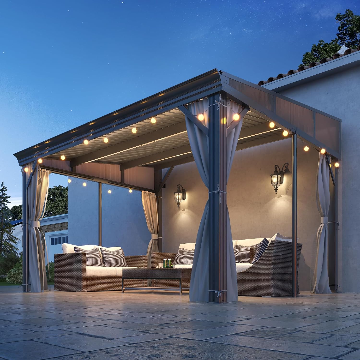 10'x12' Lean to Gazebo, Hardtop Wall Mounted Gazebo with Aluminum Frame, Slpoing Galvanized Steel Roof Wall Gazebos Pergola with Curtains and Netting for Patio,Decks, Garden and Lawn