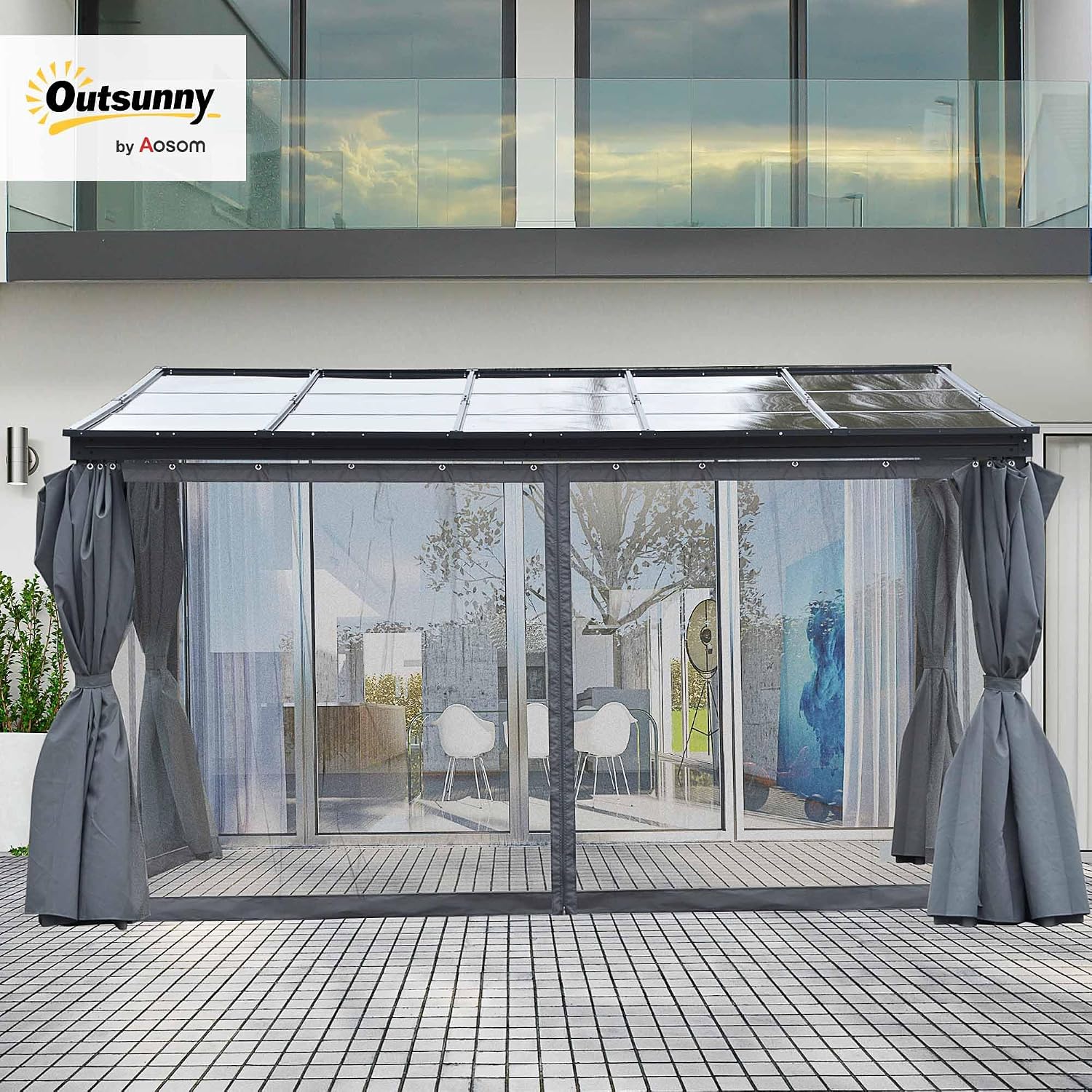 Outsunny 10' x 13' Outdoor Patio Gazebo with Sloping Polycarbonate Roof, Durable Aluminum Frame, & Netting Curtain