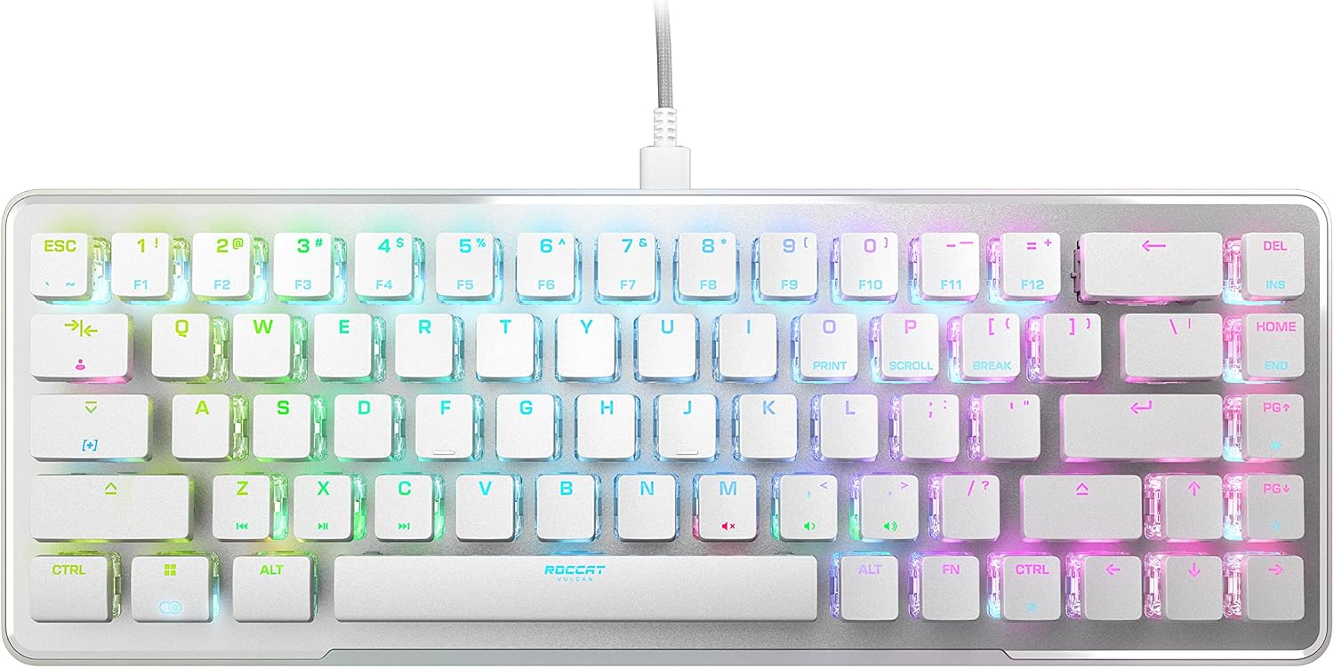 Roccat Vulcan II Mini–65% Optical PC Gaming Keyboard with Customizable RGB Illumination, Detachable Cable, Button Duplicator, On-board profiles, Aluminum Plate, 100 million Keystroke Durability -White