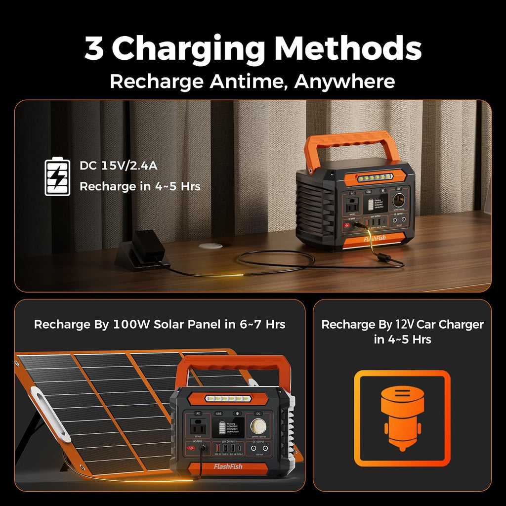 FF Flashfish 144.3Wh with Solar Panel 100W, Solar Generator 200W with AC/DC/USB/Type C/LED Lights, Backup Battery for Camping, Travel and Emergencies
