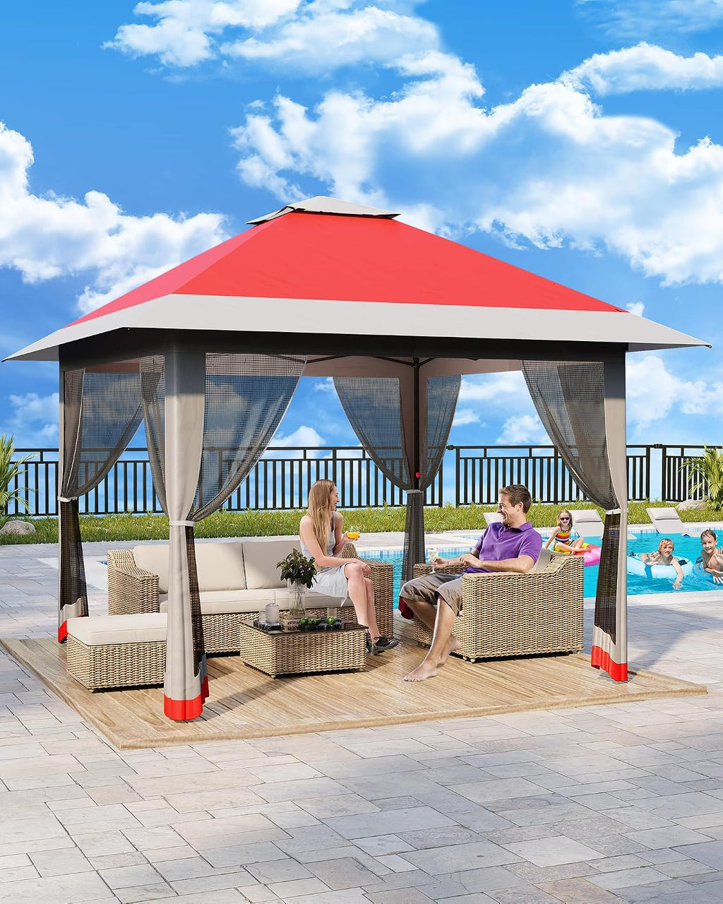 13x13ft Pop Up Gazebo, Outdoor Canopy Tent with Mosquito Netting, Heavy Duty Party Tent Shelter with Waterproof and Ultraviolet Double Roof for Backyard, Garden, Lawn and Deck (Red)