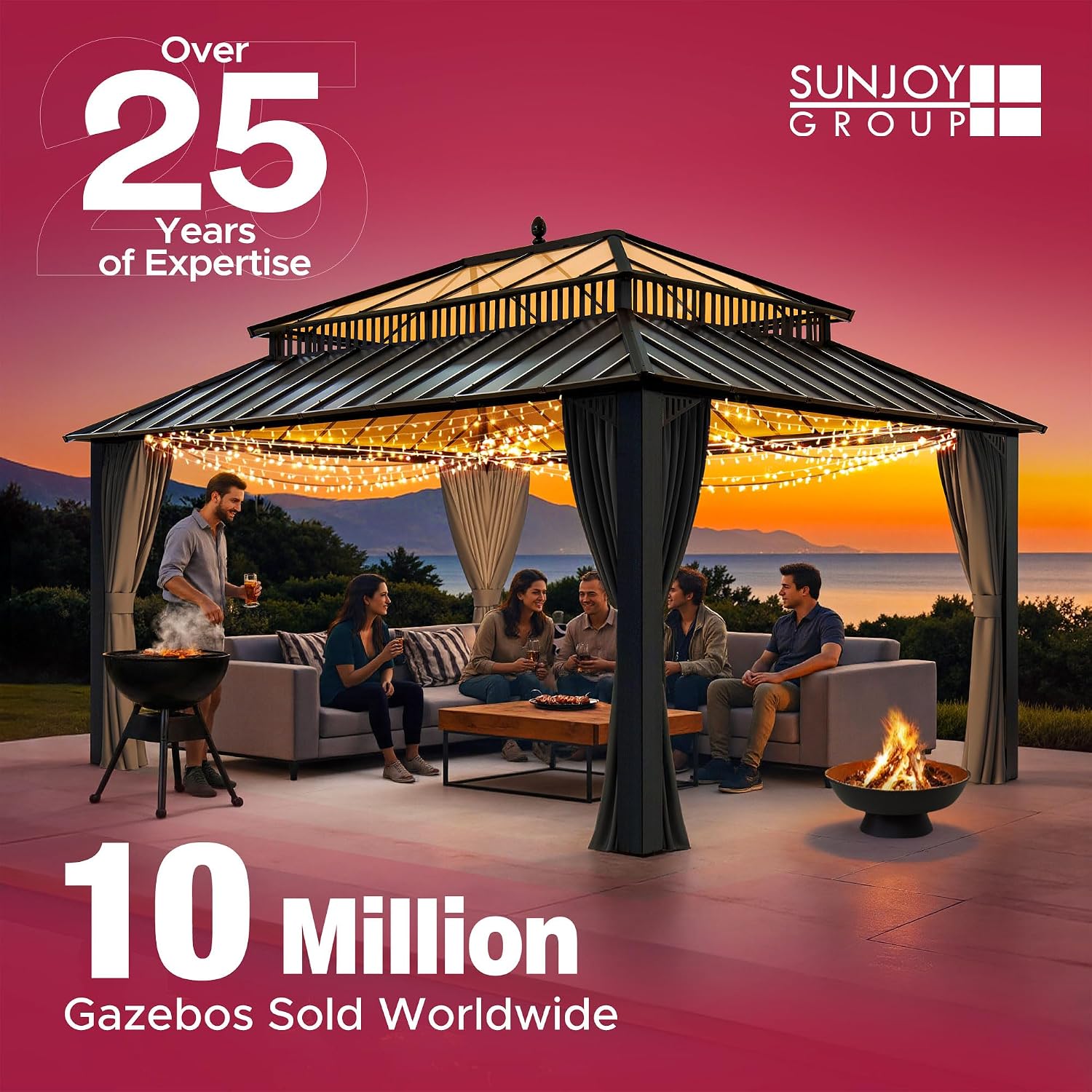 Sunjoy 10 x 10 ft. Soft Top Gazebo, Outdoor Patio Backyard Modern Grey 2-Tier Steel Frame Gazebo with Mesh Netting
