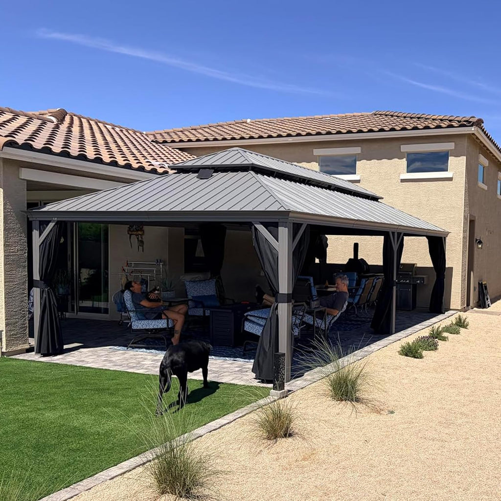 PURPLE LEAF 14' x 28' Permanent Hardtop Gazebo with Galvanized Steel Double Roof and Aluminum Frames Outdoor Large Pavilion Gazebo for Patio Deck Garden, Netting and Curtains Included, Light Grey