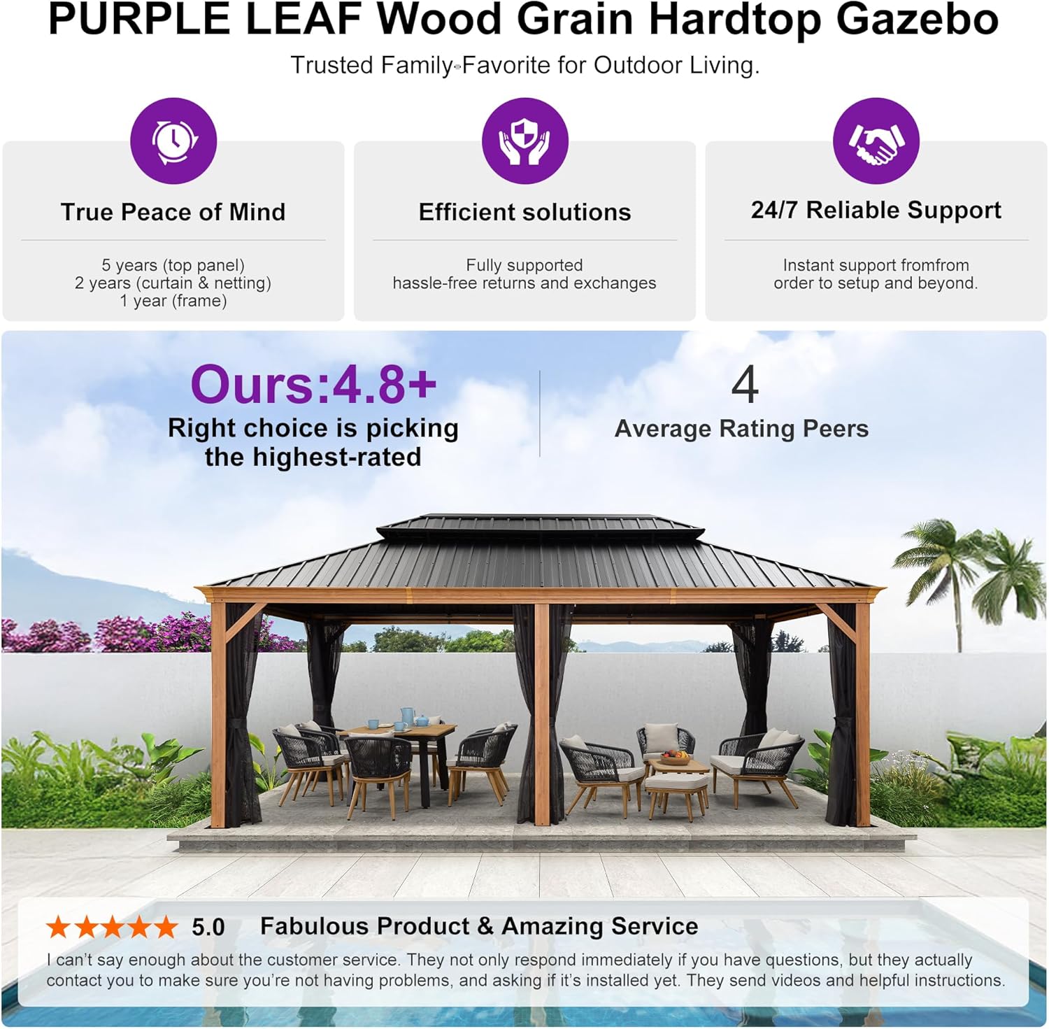 PURPLE LEAF 12' X 20' Outdoor Hardtop Gazebo for Patio Galvanized Steel Double Roof Permanent Canopy Teak Finish Coated Aluminum Frame Pavilion Gazebo with Netting and Khaki Curtains
