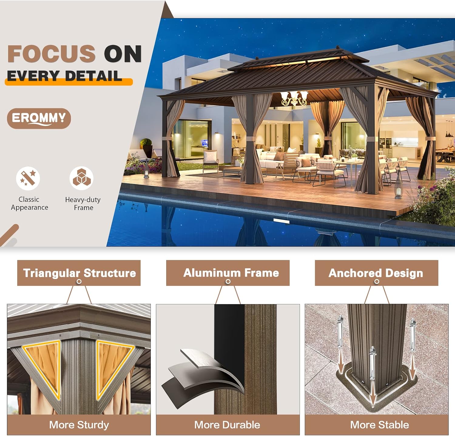 EROMMY 12'x20' Hardtop Gazebo Double Roof Galvanized Steel Canopy Outdoor Aluminum Frame Permanent Metal Pavilion with Netting and Curtains for Patio Backyard Deck and Lawns
