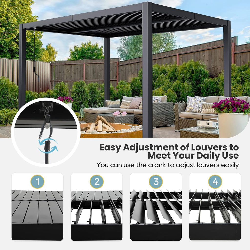 10'13' Outdoor Louvered Pergola with Clear String Lights, Aluminum Pergola Patio with Adjustable Roof for Outdoor Deck, Backyard, Garden (10x13FT with Light)