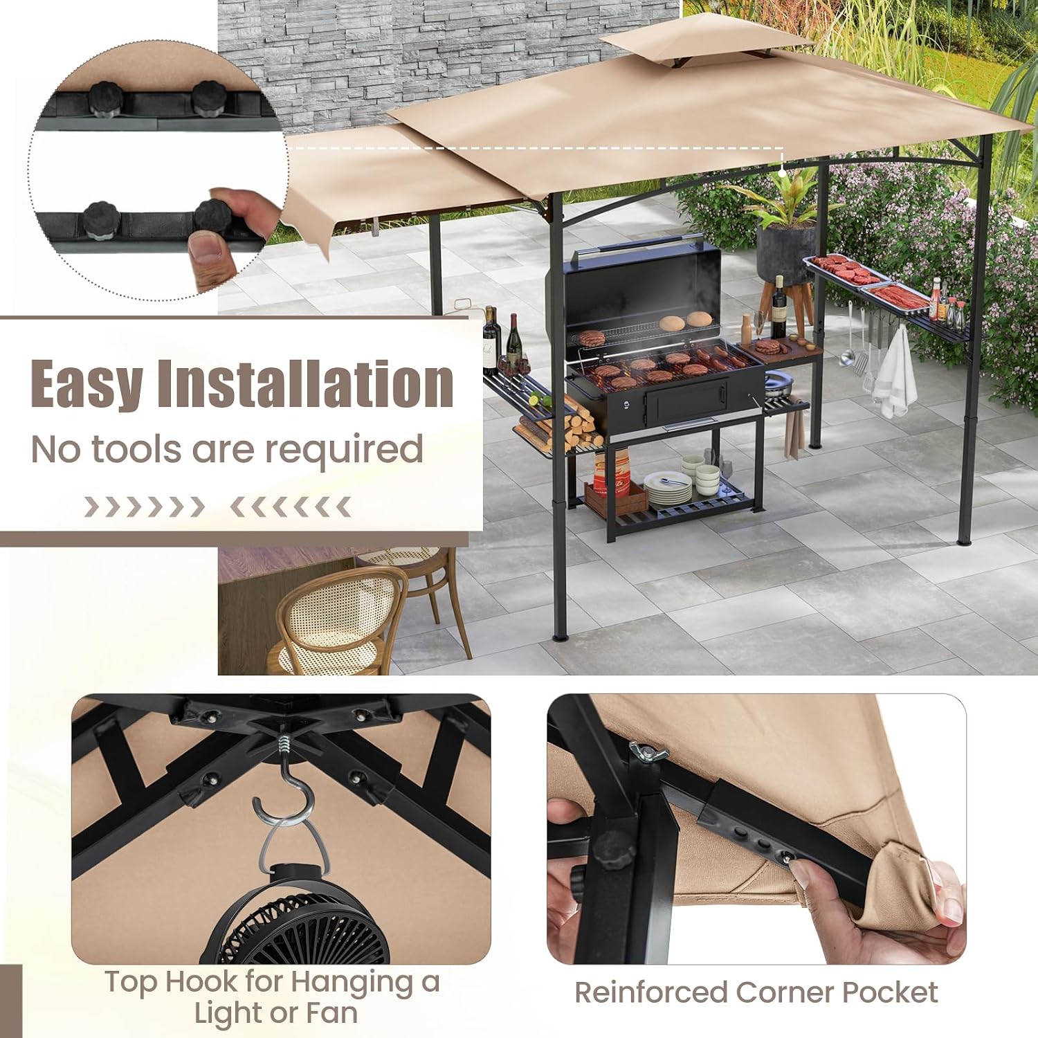 HAPPYGRILL Outdoor Grill Gazebo Canopy 11 x 5 FT, Barbecue Canopy with Double-Tiered Top, 2 Side Shelves, Hanging Hooks, Bottle Opener, Metal Frame, BBQ Grilling Shelter