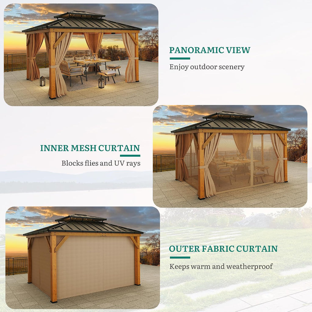 YITAHOME 11x13ft Wood Gazebo Outdoor Wooden Frame Double Roof Hardtop Galvanized Steel Top Canopy w/Curtain and Netting, Patio Heavy Duty Gazebo for Deck, Backyard, Beige Yellow