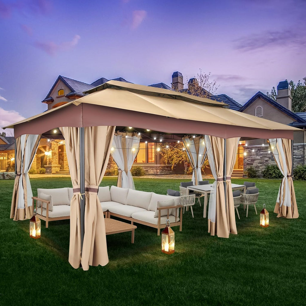 HOTEEL Gazebo 12x20, Outdoor Gazebo on Clearance with Double Ventilated Arc Roof, Privacy Curtains & Mosquito Netting, Easy Set up Canopy Tent with Stable Metal Frame for Patio, Khaki (Upgraded 2.0)