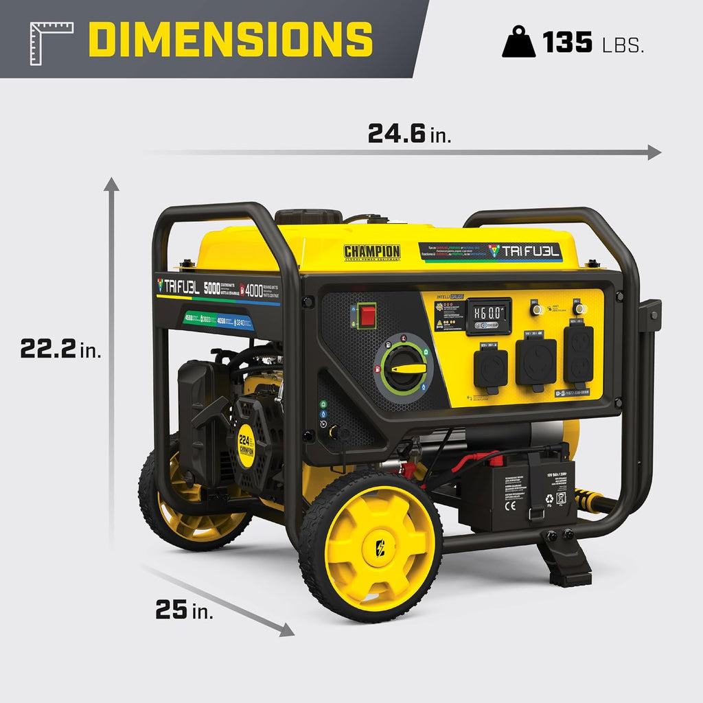 Champion Power Equipment 5000-Watt Electric Start Tri Fuel RV Ready Portable Generator with CO Shield