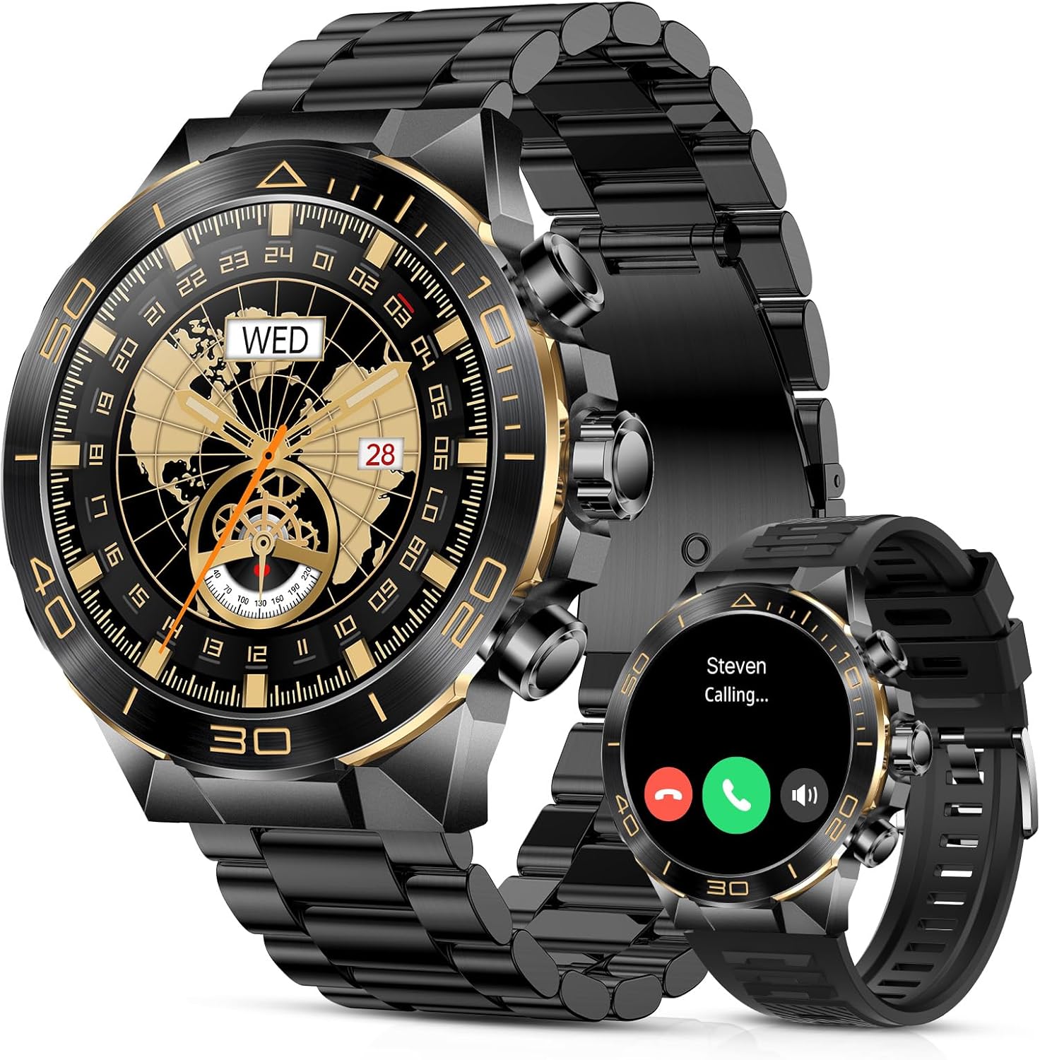 Smart Watch for Men Answer/Make Call for Android iPhone, 1.43' AMOLED HD Screen Mens Luxury Watch, 400mAh Heavy Duty Smartwatch Heart Rate Blood Oxygen Blood Pressure Sleep Monitor Pedometer, 2 Straps