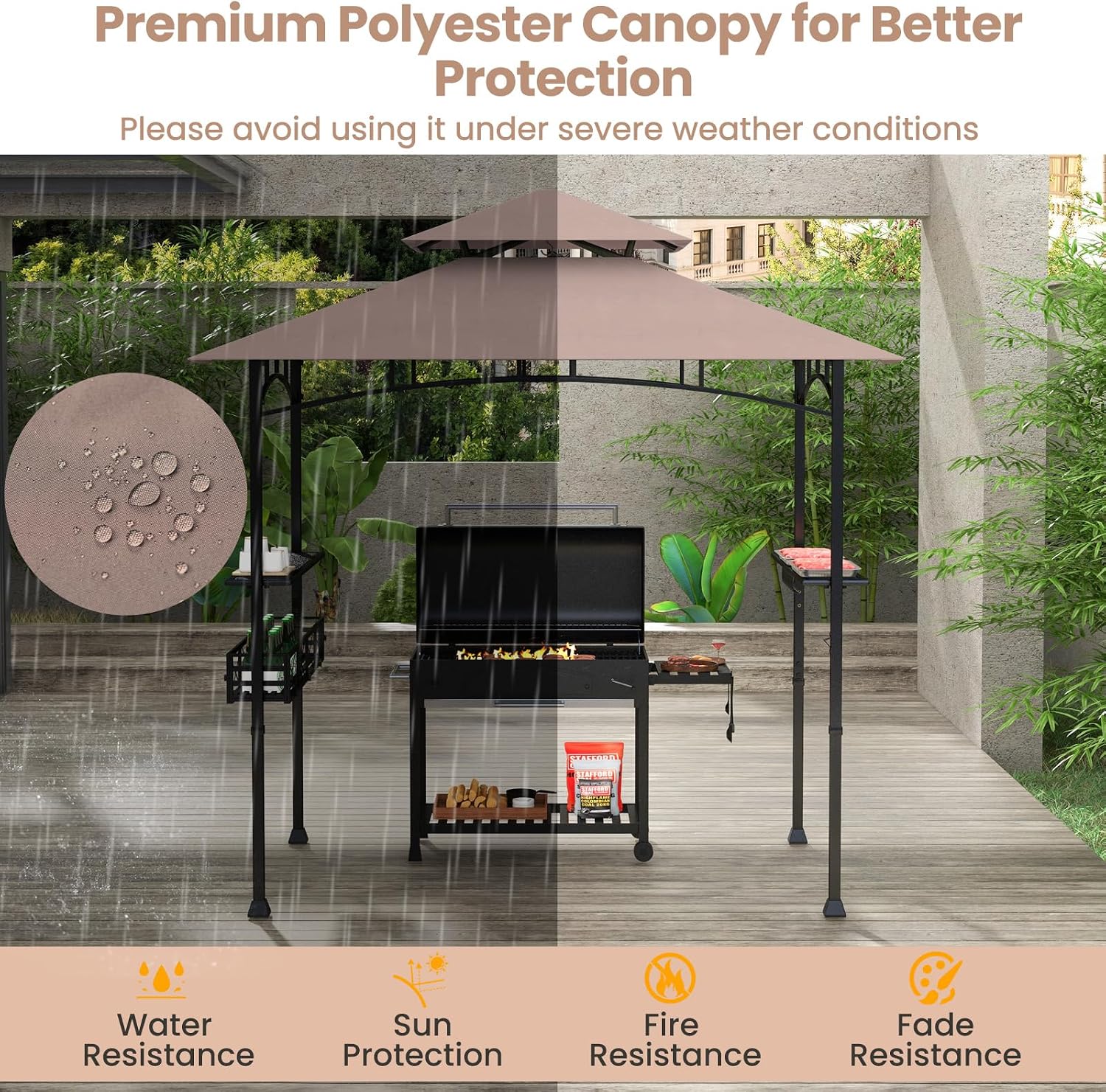 8 x 5 Ft Grill Gazebo Canopy, Double Tiered BBQ Gazebo for Outdoor Grill with 2 Side Shelf, Storage Basket, Ceiling Hook, Barbecue Bar Canopy Tent for Backyard Garden Patio Poolside (Coffee)