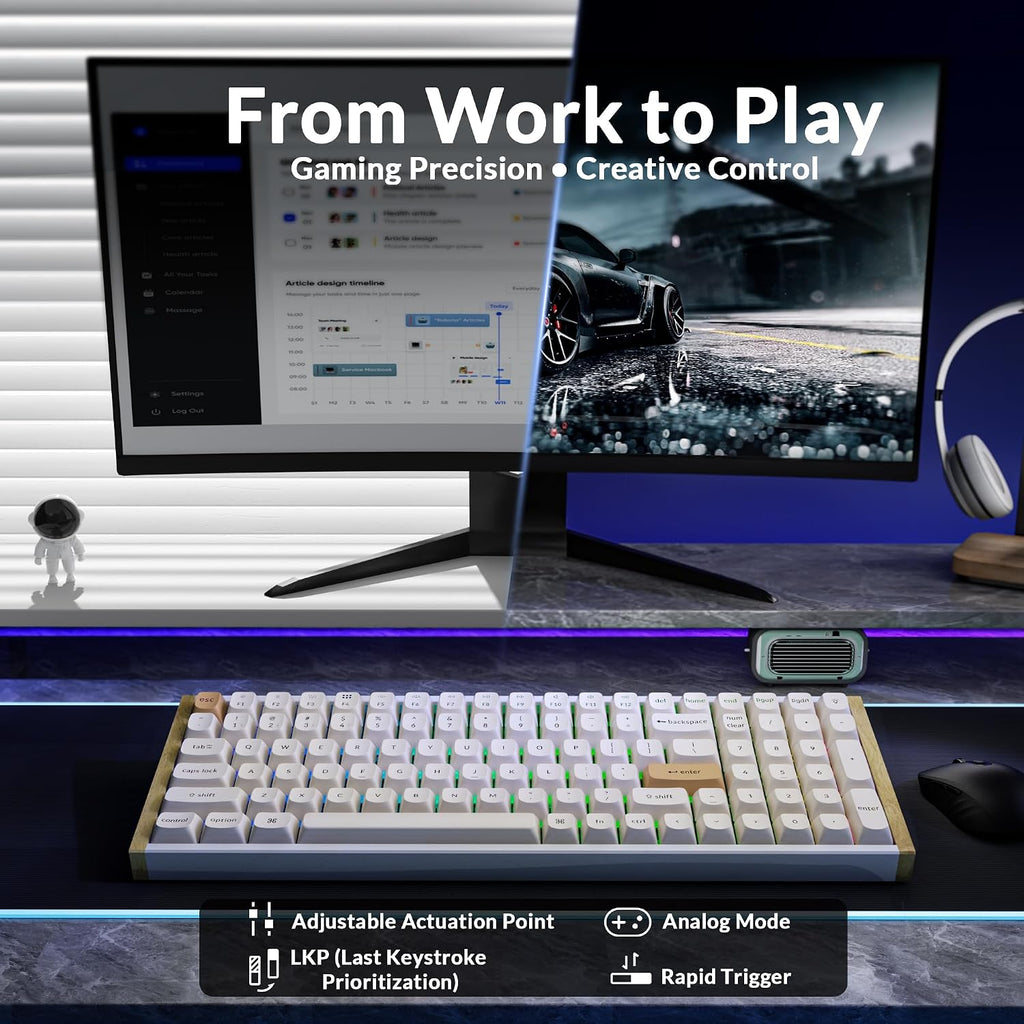 Keychron K4 HE 96% Wireless Hall Effect Keyboard with Number Pad, Rapid Trigger Magnetic Switches, QMK Launcher, 2.4GHz/Bluetooth/Wired, Mac & Windows, Wood Accent Frame, White (Non-Shine-Through)