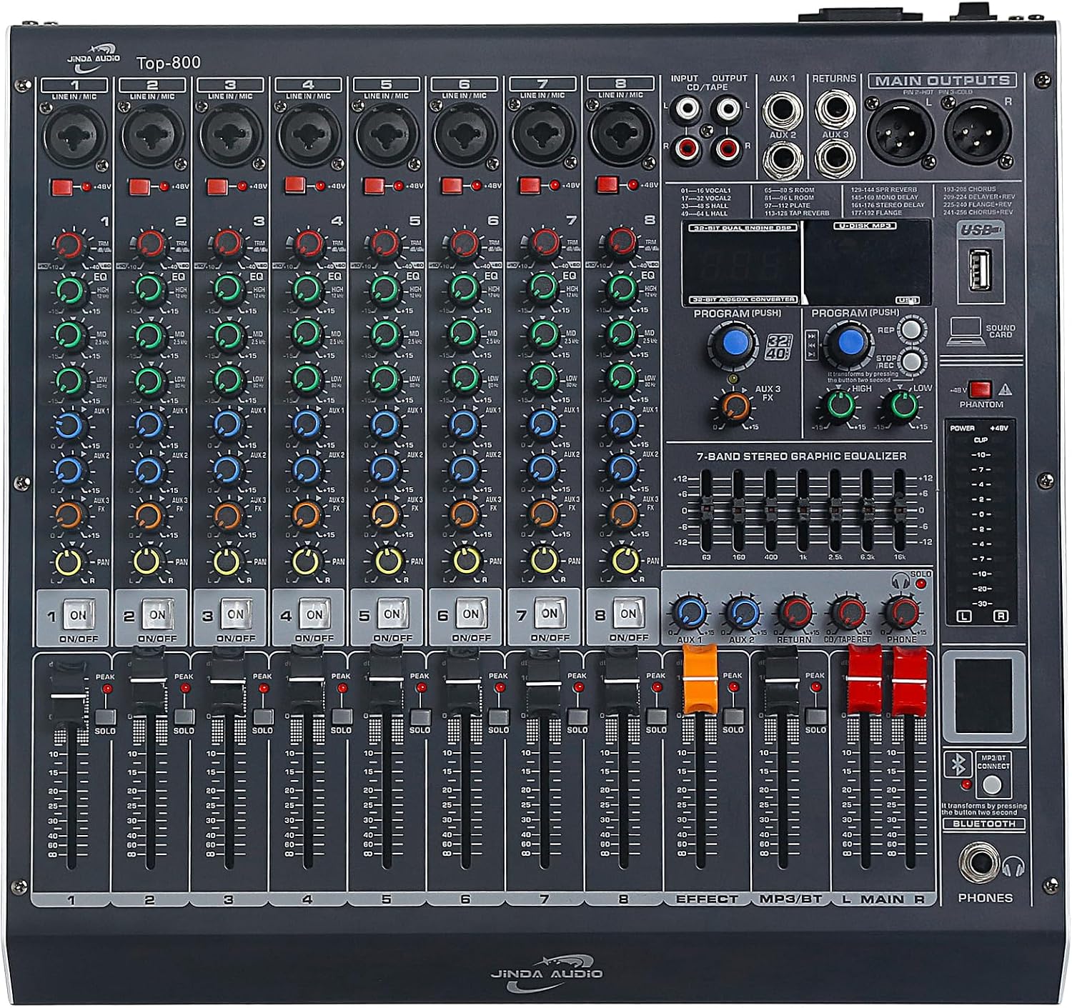 Audio Mixer 8 Channel, DJ Mixer Board with Bluetooth and Usb, Audio Sound Card with Interface Recording and 48V Phantom Power, Sounds Mixer with 256 DSP FX Reverb Delay Effect for Streaming