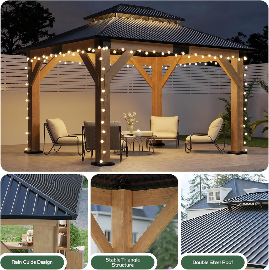 AMERLIFE 10x12 Wood Gazebo, Hardtop Gazebo with Spruce Frame and Double Metal Roof, Outdoor Pergola for Parties, Backyard, Patio, Lawns, Black + Natura Wood